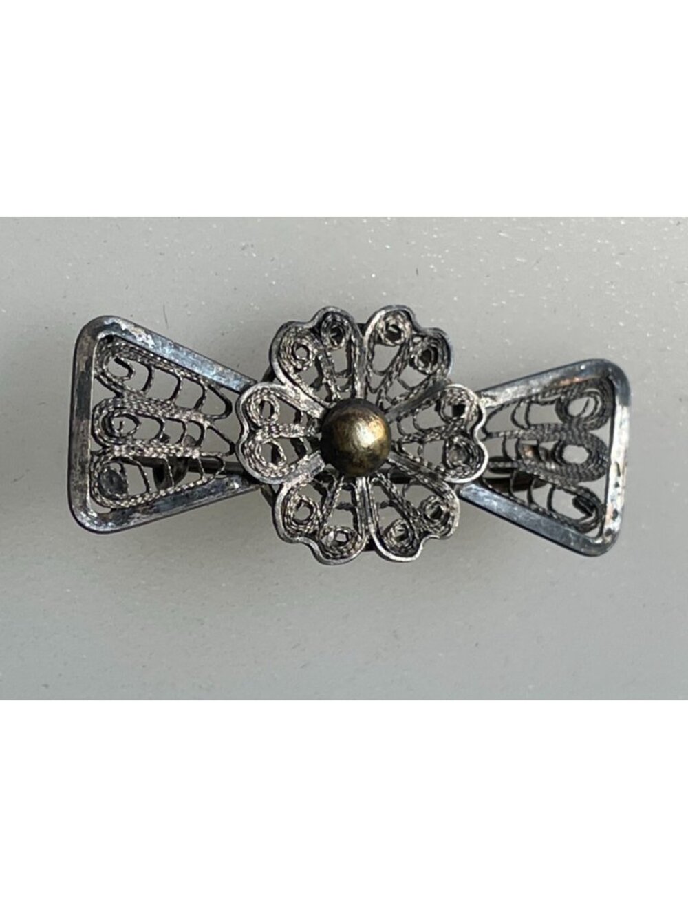 Antique Silver Filigree Bow Brooch Tiered Flower Rosette Ribbon Bar Pin